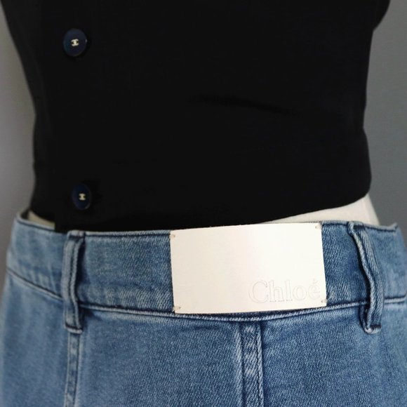 * Chloe Sz 6 / 38 Denim Flared Jeans Bell Bottom Button Fly Patch Front Pocket - Picture 12 of 15